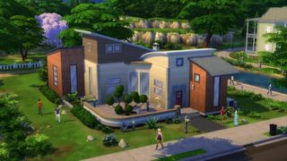 The Sims 4 돈: 주변에 많은 심들이 있는 부유해 보이는 집