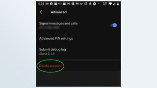 Signal Android 앱의 계정 삭제 옵션 스크린샷.