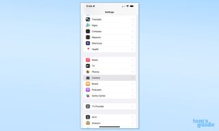 카메라 제목이 강조 표시된 iOS 설정 앱의 스크린샷