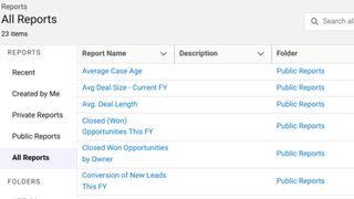 Salesforce의 모든 보고서 목록 스크린샷.