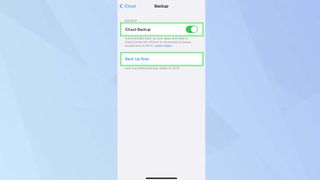 iCloud 백업 토글과 지금 백업이 강조 표시된 iOS iCloud 백업 페이지