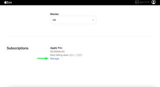 설정 탭 및 구독 섹션의 Apple TV Plus 웹사이트 스크린샷