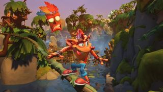 Crash Bandicoot 4 멀티플레이어: Crash Bandicoot와 Aku Aku가 레일 위에서 그라인딩합니다.