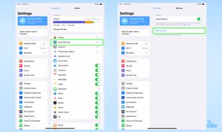 iCloud 백업 설정을 찾을 수 있는 위치를 보여주는 iPadOS 설정 메뉴의 스크린샷 두 개