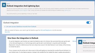 Salesforce의 Outlook 통합 및 Lightning Sync 설정 메뉴.