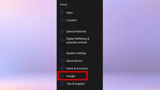 a screenshot of the "settings" app on an Android phone, with the "Google" option highlighted