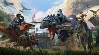 Ark: Survival Evolved 치트: 기마 라이더가 랩터, 세발자전거, t 렉스, 바리오닉스를 타고 서로 대결합니다.