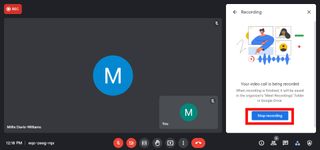 '기록 중지' 옵션이 강조표시된 Google Meet 애플리케이션의 스크린샷