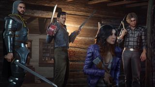 Evil Dead: The Game - 애쉬와 다른 캐릭터들이 오두막 앞 현관에 서 있습니다.