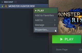 Monster Hunter Rise 재설정 - Steam의 속성 옵션