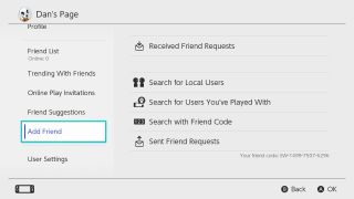 Nintendo Switch 친구 추가 메뉴