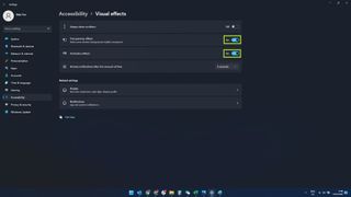 "임시 효과" 및 "애니메이션 효과" 토글이 강조 표시된 Windows 11 시각 효과 메뉴의 스크린샷