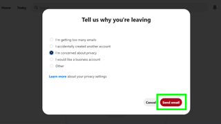 Pinterest 계정을 삭제하는 방법 - 사용자에게 계정을 삭제하려는 이유를 묻는 Pinterest 계정 삭제 페이지의 스크린샷
