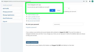 사용자에게 Instagram 계정을 삭제할 것인지 묻는 팝업을 표시하는 Instagram 계정 삭제 페이지의 스크린샷