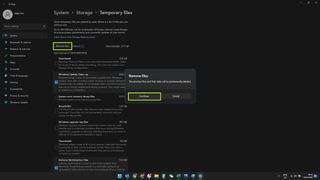 "파일 제거" 및 "계속"이 강조 표시된 Windows 11 임시 파일 화면의 스크린샷