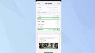 "범위" 및 "방향"이 강조 표시된 iOS "인쇄 옵션" 페이지의 스크린샷