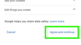 녹색 상자는 'Google이 데이터를 안전하게 공유할 수 있도록 도와드립니다' 아래에서 동의하고 계속을 탭함을 나타냅니다.