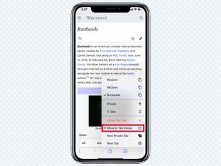 iOS 15의 Safari에서 탭 그룹으로 이동 옵션이 ​​빨간색 상자에 강조 표시됨