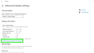 모니터에서 새로 고침 빈도를 변경하는 방법 - Windows 10 메뉴에서 "디스플레이 1의 디스플레이 어댑터 속성"이 선택된 스크린샷