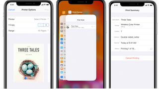 인쇄 옵션, 인쇄 작업 요약 및 인쇄 취소 옵션을 보여주는 iPhone 스크린샷