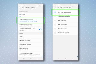 보안 폴더의 자동 잠금을 설정하는 데 필요한 단계를 보여주는 Samsung Secure Folder 메뉴