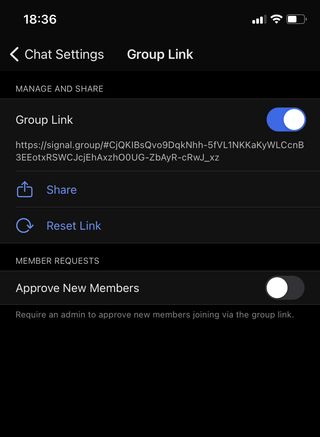 Signal의 그룹 링크 관리 페이지 스크린샷.