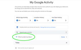 Google 검색 기록을 삭제하는 방법 - '날짜 및 제품별 필터링'이 강조표시된 '내 Google 활동'.