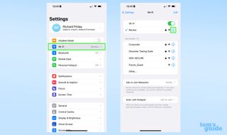 iOS 16 설정 앱에서 Wi-Fi 메뉴를 찾을 수 있는 위치를 보여주는 두 개의 스크린샷