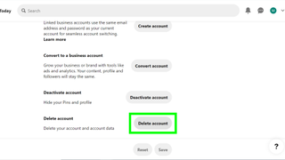 Pinterest 계정 삭제 방법 - "계정 삭제" 버튼이 선택된 Pinterest 계정 설정 페이지의 스크린샷