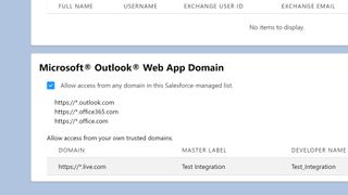 Salesforce에서 허용된 Microsoft Outlook Web App 도메인 목록입니다.