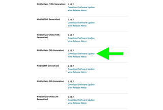 Kindle Oasis 업데이트 링크가 강조 표시된 Amazon의 Kindle 소프트웨어 업데이트 페이지