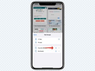 iOS 15 Safari의 탭 그룹 메뉴에 있는 점 세 개 버튼을 가리키는 빨간색 화살표