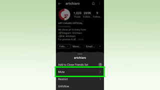 Instagram에서 누군가를 음소거하는 방법 - 메뉴에서 "음소거"가 선택된 사용자 프로필의 스크린샷