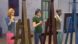 The Sims 4 치트 - 세 명의 심이 자신의 이젤에서 예술을 고려합니다.