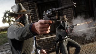 Red Dead Redemption 2 치트 - 두 명의 가면을 쓴 총잡이가 권총을 발사합니다.