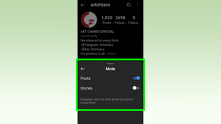 Instagram에서 누군가를 음소거하는 방법 - 슬라이더가 켜진 "음소거" 메뉴의 스크린샷