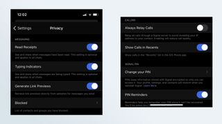 Signal iOS 앱의 개인 정보 설정의 일부 목록입니다.