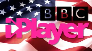 미국 국기에 겹쳐진 BBC iPlayer 로고