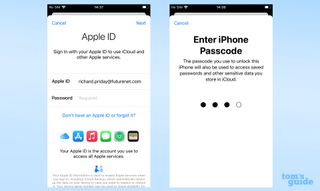 Apple ID 로그인 프로세스를 보여주는 iOS 설정 앱의 스크린샷