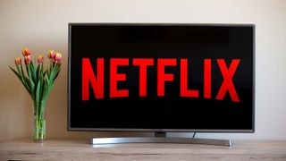 꽃병 옆에 있는 TV 화면의 Netflix 로고