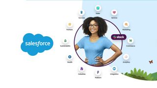 왼쪽에 Salesforce 로고가 있는 Salesforce 제품 아이콘으로 둘러싸인 여성