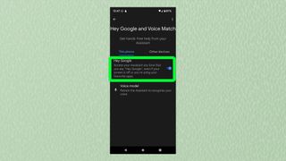 Hey Google 및 Voice Match 메뉴가 강조표시된 Android 스크린샷