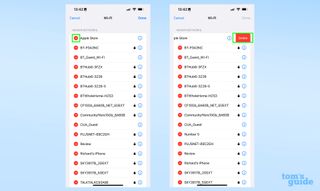 iOS 16에서 기억된 Wi-Fi 네트워크를 제거하는 방법을 보여주는 두 개의 스크린샷