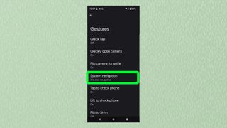 '시스템 탐색'이 강조표시된 제스처 메뉴를 보여주는 Android의 스크린샷