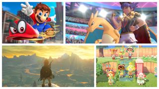 Nintendo Switch 게임 옵션: 왼쪽 상단부터 시계 방향으로: Mario, Pokemon Sword and Shield Champion, Animal Crossing 및 The Legend of Zelda: Breath of the Wild