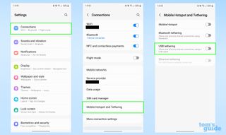 USB 테더링 옵션을 찾을 수 있는 위치를 보여주는 Android 설정 앱의 세 가지 스크린샷