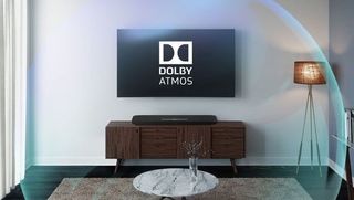 Dolby Atmos가 작동하는지 테스트하는 방법에 대한 기사를 나타내는 사운드바 및 사운드스케이프 구가 있는 화면의 Dolby Atmos 로고