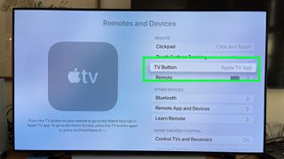 Apple TV 설정 앱에서 TV 버튼이 강조 표시됨