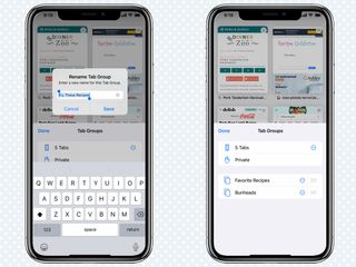 iOS 15의 Safari에서 탭 그룹 이름을 편집하기 위한 필드와 이름이 변경된 그룹 화면을 표시하는 화면