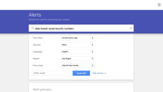 '데이터 위반 주민등록번호'를 검색하는 Google 알리미 설정의 스크린샷